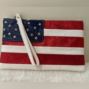 LEATHER TRIMMED AMERICAN FLAG WRISTLET BAG - Y2K